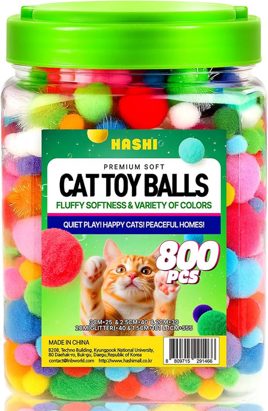 HA SHI [800pcs in Sturdy Jar] Interactive Cat Toy Pom Poms - Small Soft Plush Balls (0.39in-1.2in) for Indoor Kittens, Quiet Night Play, Snuffle & Fetch Toys