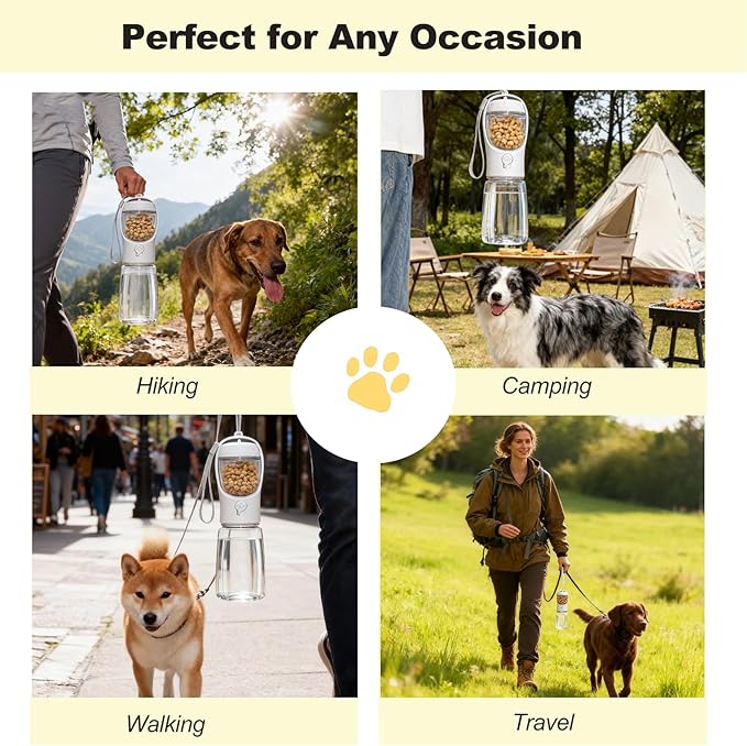 Portable Dog Water Bottle with Food Container, BPA Free Travel Water Bottle for Dogs, 2-in-1 Dispenser Drinking Feeder for Pets Walking, Hiking, Travel, Puppy Essentials, White, 12oz