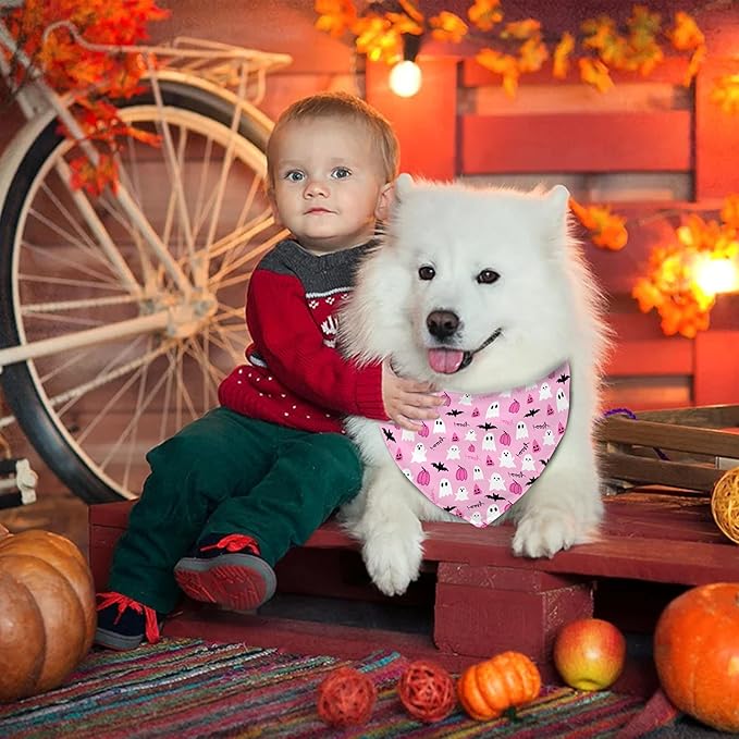 Halloween Dog Bandanas Reversible 2 Pack, Pink Pumpkin Ghost Bat Cute Halloween Pet Bandanas for Dogs Adjustable Triangle Holiday Scarves for Medium Large Extra Large Boy Girl Dogs