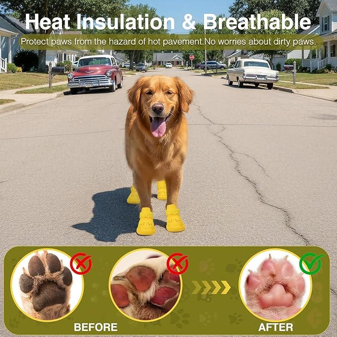 Dog Shoes for Hot Pavement and Snow - Waterproof, Non-Slip, Breathable Booties with Adjustable Straps for Small Medium, and Large Dogs (Yellow, XXL)