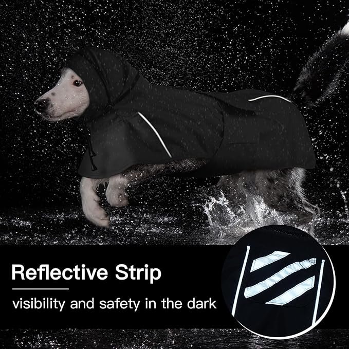 Dog Raincoat Waterproof, Reflective Adjustable Rain Jacket with Leash Hole, Convertible Hood/Collar Rain Coat for Dogs Poncho Breathable Lightweight (Black, XL)
