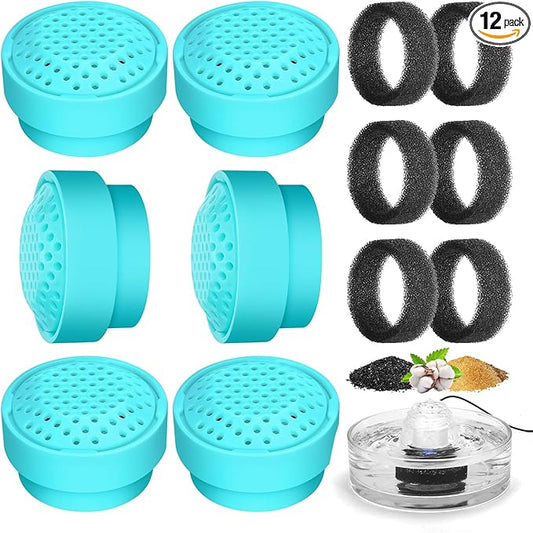 6 Packs Cat Fountain Filters & 6 Sponge Sets-Compatible with Cepheus 2.7L Glass Pet Fountain