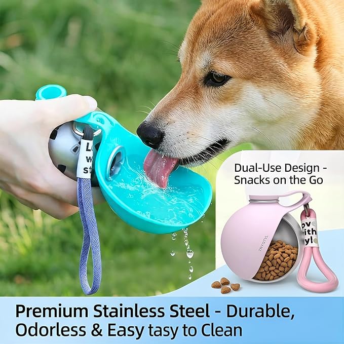 Dog Water Bottle, 10oz Stainless Steel Portable Dog Water Bottle with Foldable Silicone Bowl, 2-in-1 Portable Dog Water Bowl for Water & Food, Water Dispenser for Dogs Walking (Pink)
