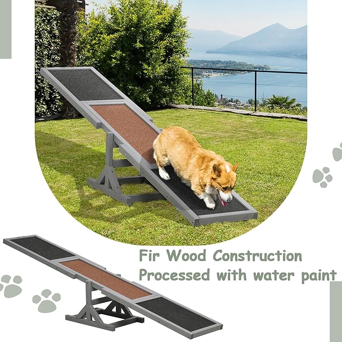 71" Wooden Dog Agility Seesaw for Training and Exercise - Outdoor Dogs Seesaw for Advanced Dog Obstacle Courses, Dogs Agility Ramp Training Platform Equipment (Gray)