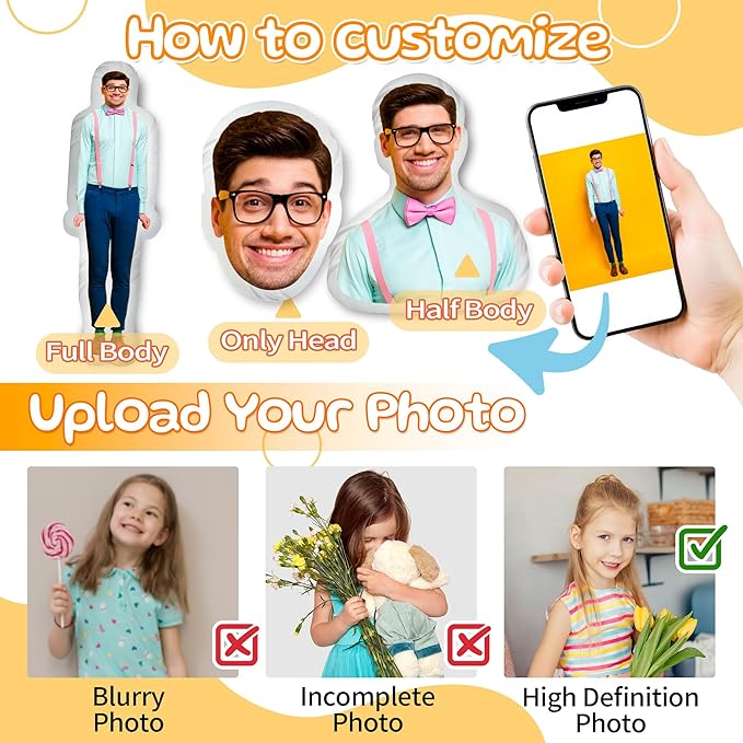 Easycosy Custom Photo Pillow, Personalized Pillow Shaped Like Your Face, Fathers Day Birthday Gifts, Customized Stuffed Animal Pet Dog Cat Picture Pillows, Funny Gag Gifts for Men Women(12 Inch)