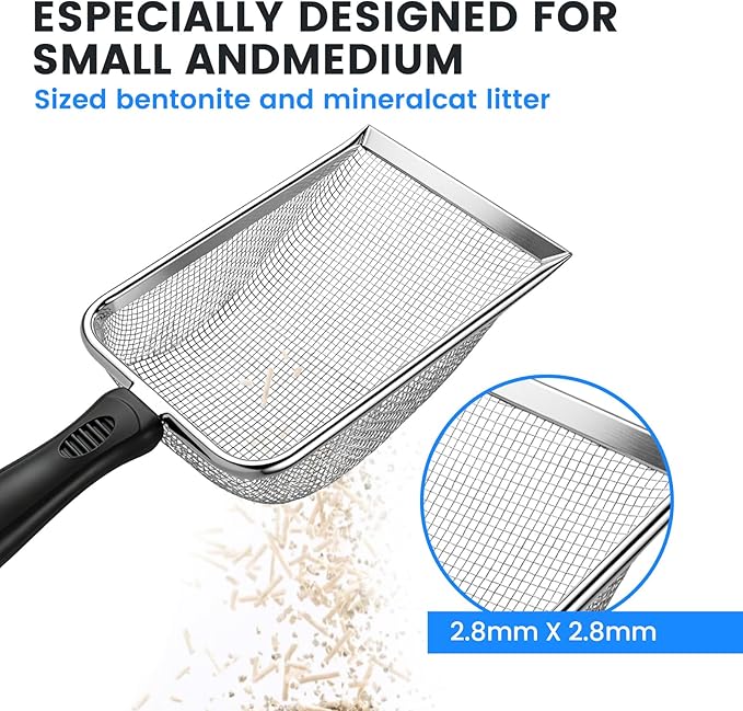 Cat Litter Scoop, Stainless Steel Mesh Scoop Away Cat Litter, Kitty Litter Scoop 2.8mm Hole, Non-Stick Cat Litter Scoop for Crystal Litter|Pine Pellets|Small Pieces, Litter Cleaner Beach Mesh Shovel