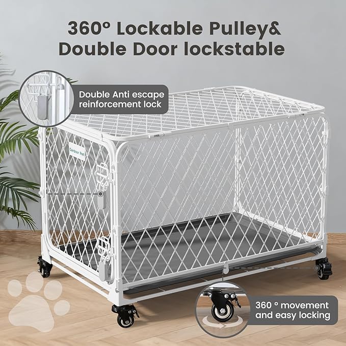 30 Inch Collapsible Dog Crate with Diamond Mesh, No-Tool Assembly Foldable Dog Kennel with 4 Lockable Wheels,Removable Tray,Portable Dog Cage for Medium/Large Dogs, Space-Saving, Indoor Outdoor Use
