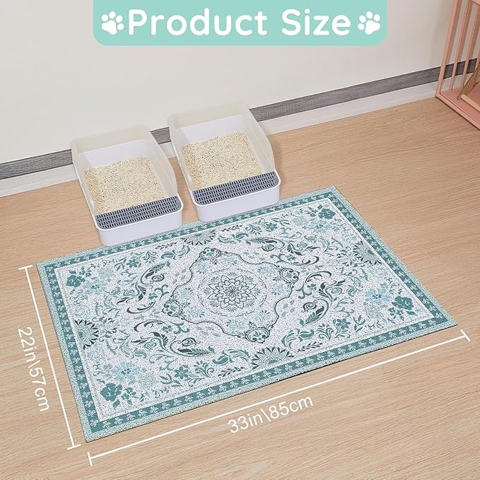 Cat Litter Mat Trapping Rug 33"x22", Large Litter Box Mat for Floor, Non-Slip Waterproof Backing, Soft Mesh Easy to Clean Pet Mat for Cat Blue Green