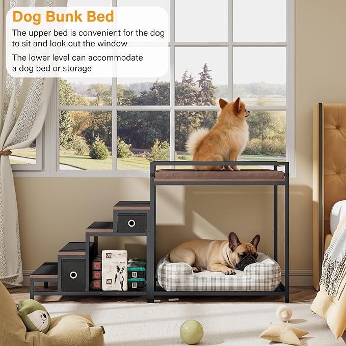 kepptory Pet Bunk Bed with Stairs and Storage, Pet Window Perch with Seat Cushion, Bedside Dogs Cot for Small, Medium Cats & Dogs, Pet Stairs Ramp(Brown)