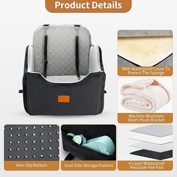 XEEP Dog Car Seat Bed for Small/Medium Dogs – Dog Booster Car Seat Up to 35 lbs -Use Travel Booster Seat with Memory Foam, Safety Belt, Bonus Urine Pad & Blanket, Removable Washable (Black/Grey)