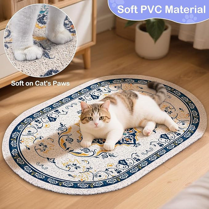 Bienbee Cat Litter Mat, 24" x 15" Litter Box Mat Rug with Non-Slip Bottom,Urine and Water Proof, Easy to Clean Cat Supplies Essentials for Indoor Kitty Kitten Floor, Blue M