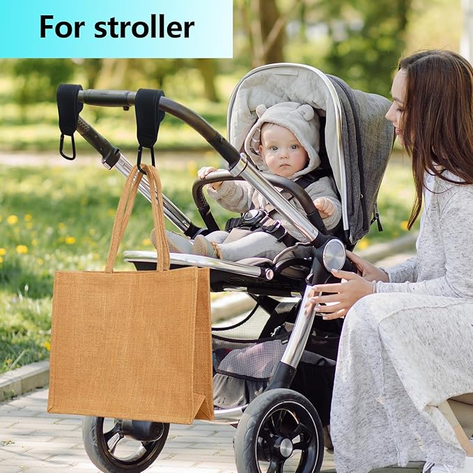 Stroller Hooks, 2 Pack Stroller Clips with Self-Locking Buckle, Hook and Loop Strap for Baby Stroller, Shopping Cart (Brown)