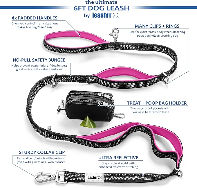 Heavy Duty Dog Leash for Large Dogs – 6FT Reflective Bungee with Padded Handles, Strong Carabiner Clip, No Pull Control for Medium & Large Breeds, Includes Poop Bag Holder & Treat Pouch (Hot Pink)