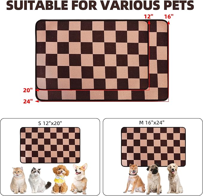 PUPTECK Dog Food Mat, Absorbent Pet Cat Feeding Mat for Food and Water Bowls, Anti-Slip Dog Placemat for Floors Waterproof, Pet Supplies Accessories, Brown & Khaki Checkered M