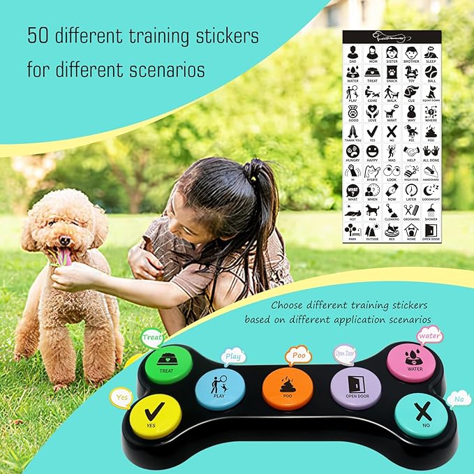 Dog Buttons for Communication, 7pcs Recordable Talking Buttons Set with Scene Stickers, Pet Training Buttons for Puppy Small Dogs & Cats Black Color (Battery Included)