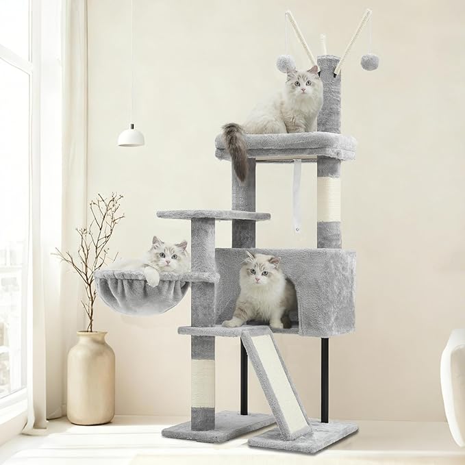 Gitelsnour Cat Tree for Indoor Cats, Cat Tower with Scratching Post for Small Cats and Kittens, Cat House with Removable Top Platform and Fluffy Balls, Hanging Cat Basket, Light Gray GCT006SW