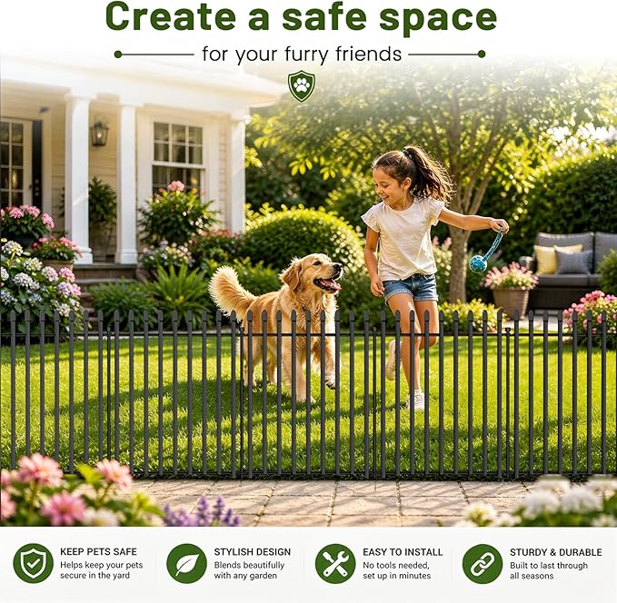 10 Panels No Dig Decorative Garden Fence, 32in(H)×22ft(L) Heavy-Duty Rustproof Metal Panels, Outdoor Dog Barrier for Yard & Patio, Landscape, Border| Portable Temporary Fencing