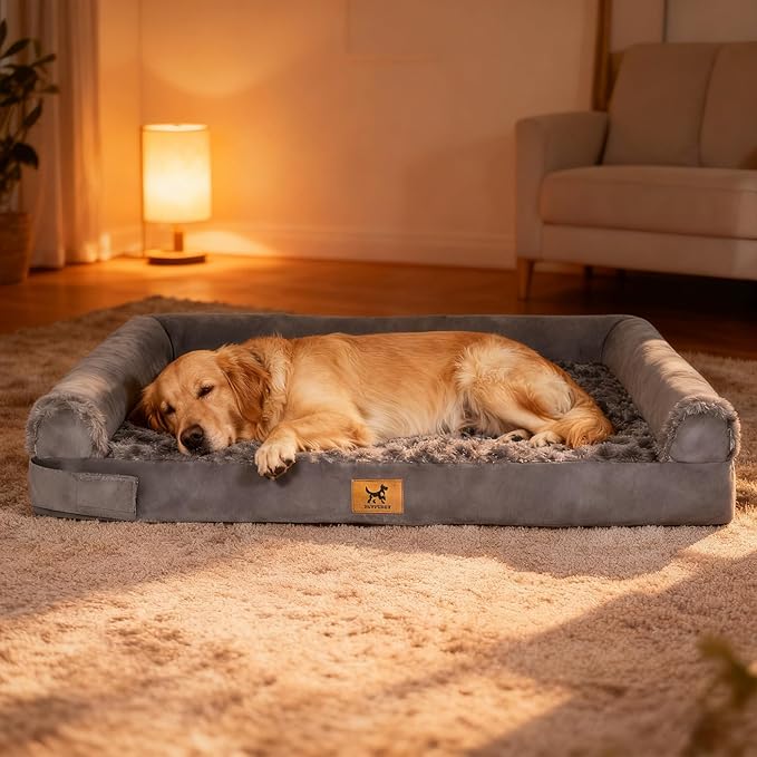 XXL Orthopedic Dog Bed - Breathable Egg-Crate Foam Sofa Couch with Bolster, Water-Resistant Liner & Washable Rose Velvet - Ideal for German Shepherds, Boxers, Dark Gray(48'' x 30'')