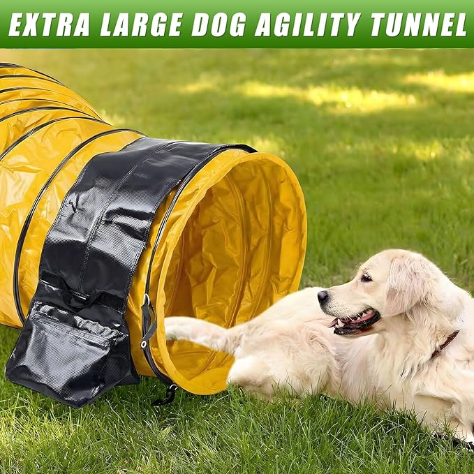 Briwooody 24 in 10 Foot PVC Dog Agility Tunnel with Sandbags Dogs Agility Training Equipment Tunnel with 2 Pack Sandbags, Carry Bag and 4 Ground Spikes for All Medium Large Dogs(Yellow)