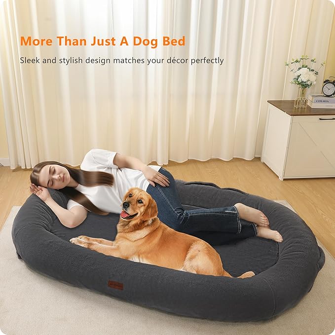 Human Dog Bed with Blanket, 71"x47.2"x9" Extra Large Fits Adult & Pets, Reversible Orthopedic Gel Memory Foam Cushion, Washable Faux Rabbit Fur, Plump Edge, Storage Pocket, Black Grey