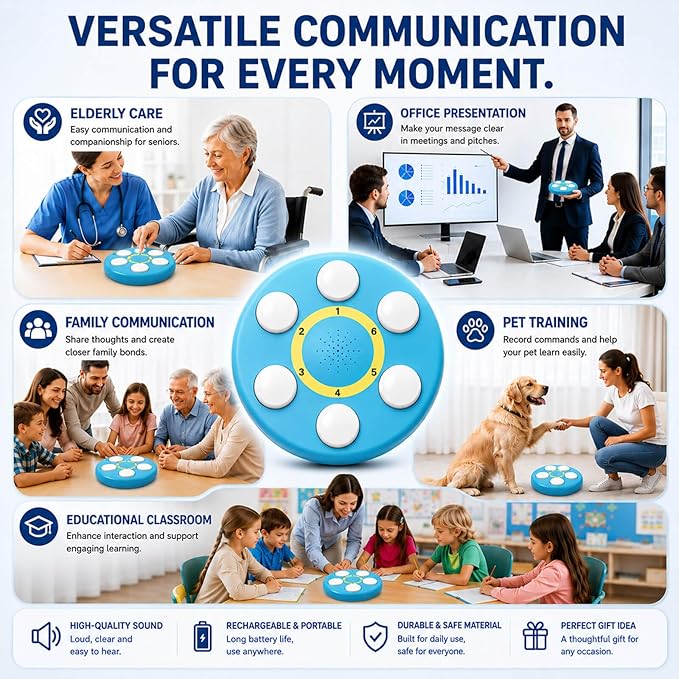 6-in-One Voice Recording Button, Dogs cat Talk& Speaking Buttons for Communication Pet Animal Training Buzzers, Classroom Fluent Answer 30 Second Record & Playback, Funny Gift for Study Office Home