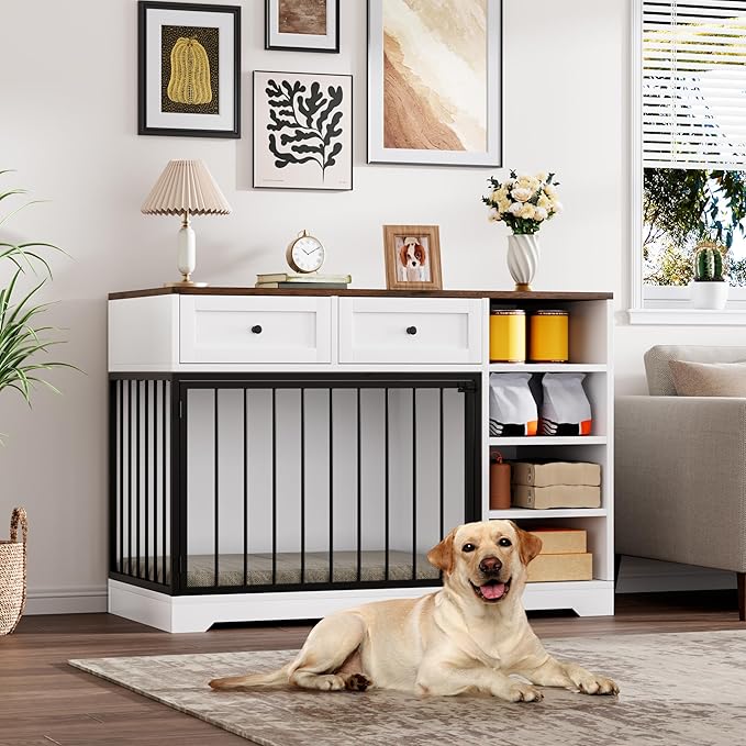 IDEALHOUSE 47” Large Dog Crate, Dog Kennel Indoor with 2 Drawers and 4 Shelves, Dog Crate Furniture TV Stand, Wooden Dog Cage for Medium Large Dogs, White