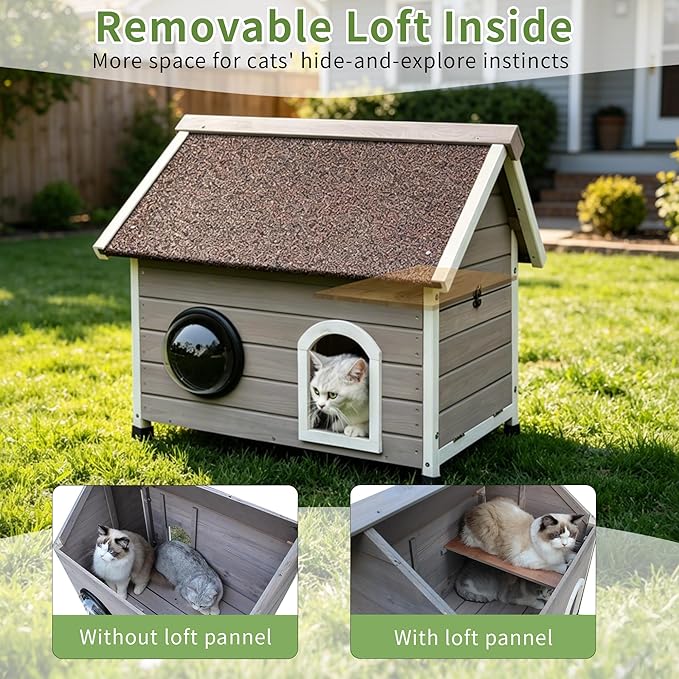 Rockever Outdoor Cat House, Waterproof Feral Cat House for Outdoor Cats with Escape Door and Clear Windows for 2 Cats (Grey)
