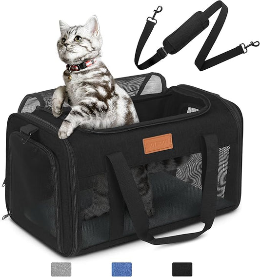 PETUX Airline Approved Pet Carrier - 17x11x9.5 in, Underseat, Top & Side Entry, Soft Sided Cat Carrier for Small Cat Up to 12 lbs with Breathable Anti-Scratch Mesh for Travel & Vet - Black