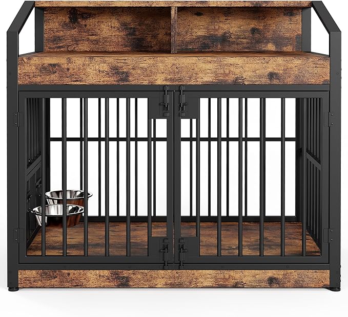 IRONCK Dog Crate Furniture with 360° Rotatable Bowls, 39.4" Wooden Dog Kennel Indoor with Top Storage Shelves, Heavy Duty Decorative Pet Crate End Table with 4 Hooks for Medium Dogs, Rustic Brown
