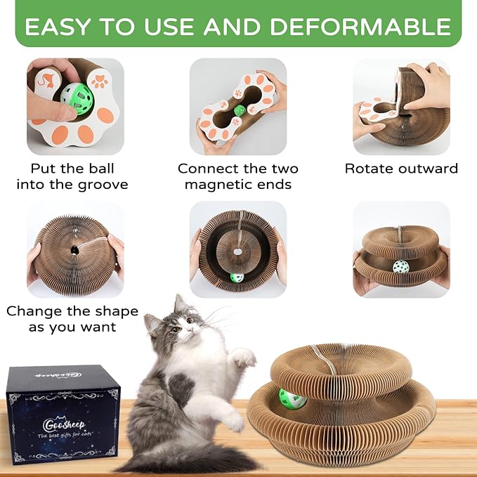 Goosheep 1 Pack Kitty Kurlz Interactive Cat Toys for Indoor Cats, Kitty Curls Magic Organ Cat Scratching Post, Cardboard Cat Scratcher Pad Ball Scratcher Board