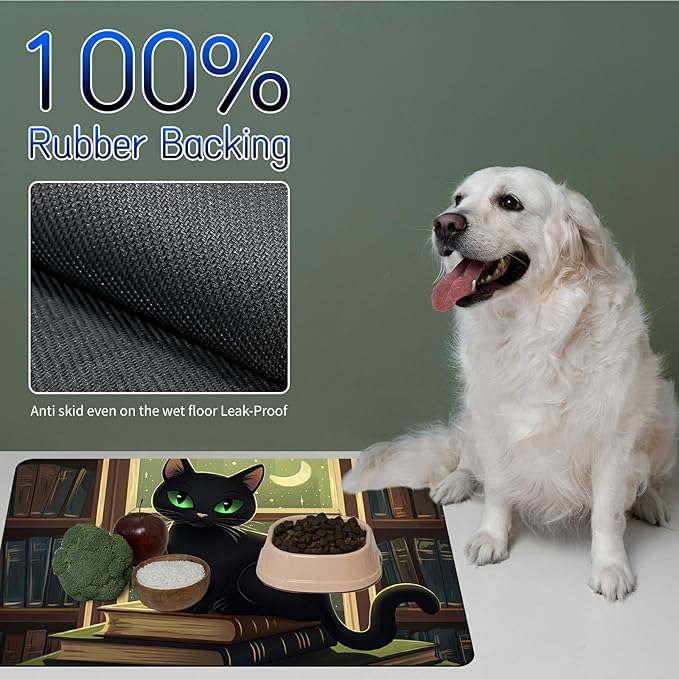 Dog Food Mat, 19.6" x 23.6" Absorbent Pet Feeding Mat for Food and Water, Waterproof Diatom Mud Pet Placemat with Non-Slip Rubber Backing, Easy Clean Cat Bowl Mat for Floors - Window Black Cat