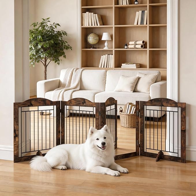 Vantas Folding No-Assembly Dog Door Pet Gate 96" Wide, 30" Tall Wooden Dog Gate with Door Walk Through, Freestanding Wire Pet Gate, Pet Puppy Safety Fence, with 2PCS Support – Rustic Brown