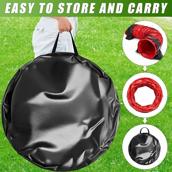 Briwooody 24 in 10 Foot PVC Dog Agility Tunnel with Sandbags Dogs Agility Training Equipment Tunnel with 2 Pack Sandbags, Carry Bag and 4 Ground Spikes for All Medium Large Dogs(Red)