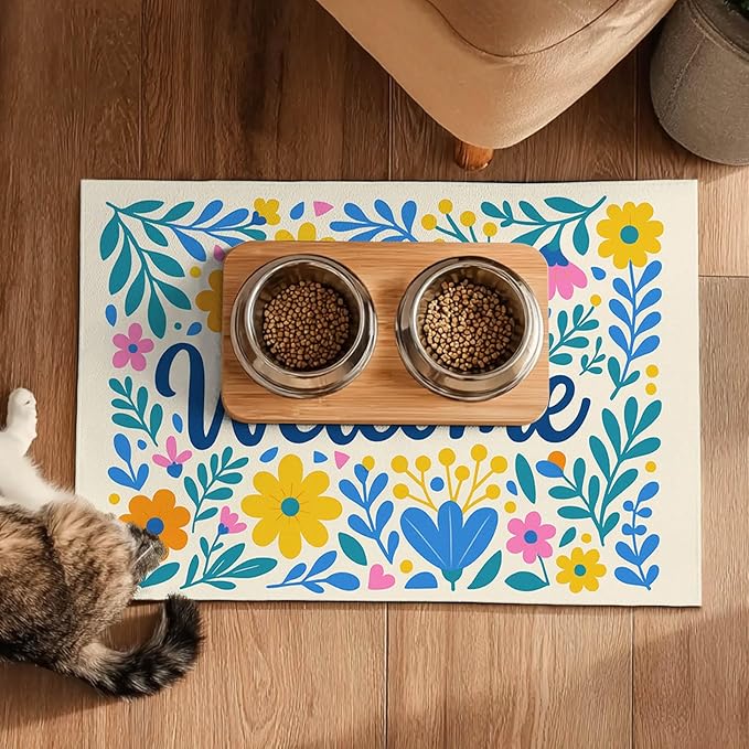HOMETITUTE Daisy Flower Pet Food Mat 20" x 12" Welcome Sign Pet Feeding Mat Non Slip Mats for Dog Food and Water Bowls Easy Clean Fast Dry Placemat for Cat Food Mats for Indoor Trendy Pet Accessories