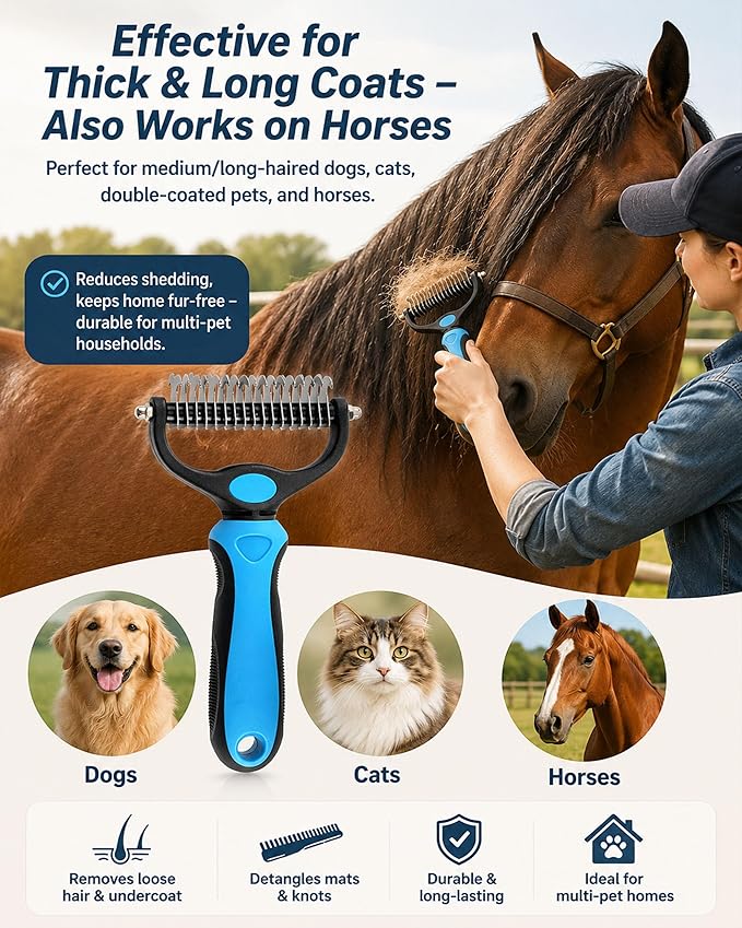 Pet Deshedding Brush for Dogs Cats, 2-in-1 Pet Grooming Tool with Rounded Stainless Steel Teeth & Non-slip Handle, Dual-Head Dematting for Thick Double Coats – Gentle Coat Care (Orange)