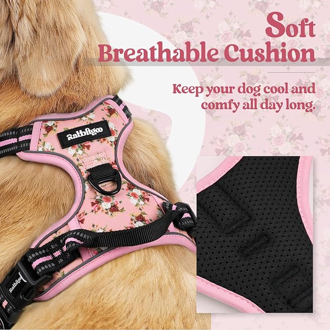 rabbitgoo Dog Harness No Pull with 2 Leash Clips, Adjustable Soft Padded, Reflective Oxford No Choke Pet Vest with Easy Control Handle for Small Dogs, Pink Rose, S