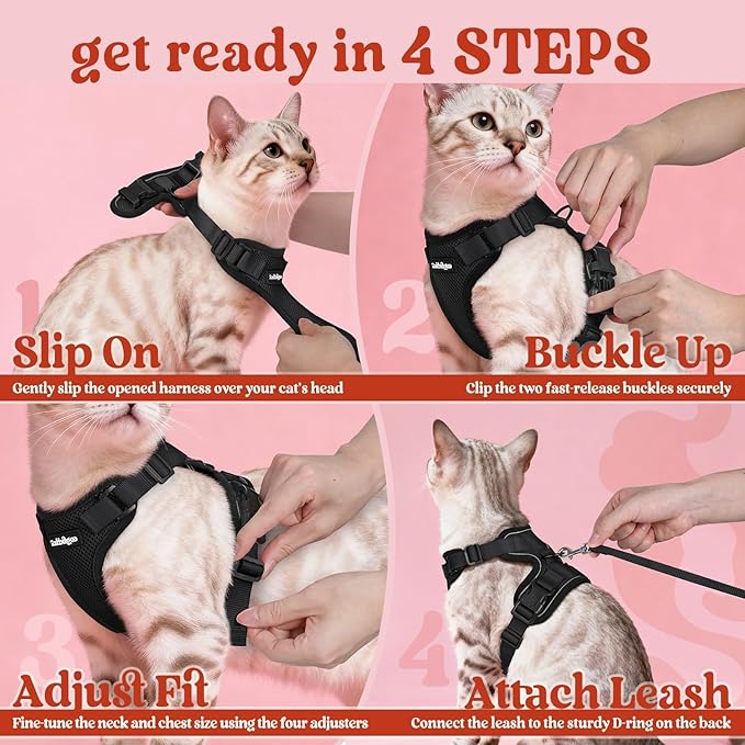 rabbitgoo Cat Harness and Leash Set, Escape Proof Kitten Harness for Safe Outdoor Walks, Soft Breathable Adjustable Vest with Reflective Strips for Kittens and Small Cats, Black, XS