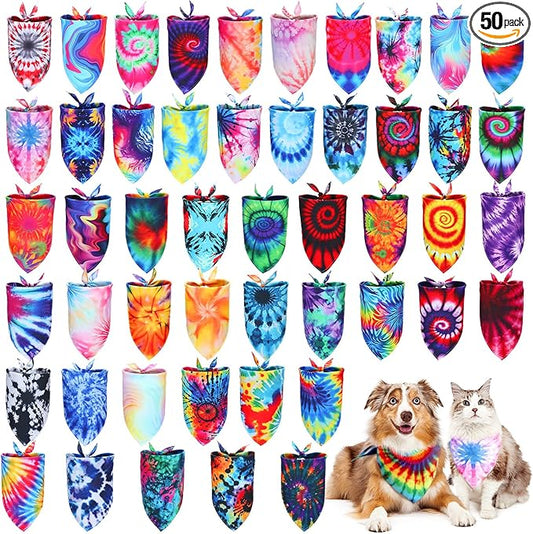 Huhumy 50 Pcs Tie Dye Dog Bandanas Bulk Tie Dye XL Pet Bibs Colorful Triangle Scarf Pet Bandanas for Medium Large Dogs Holiday Summer Hawaiian Birthday Costume Decor