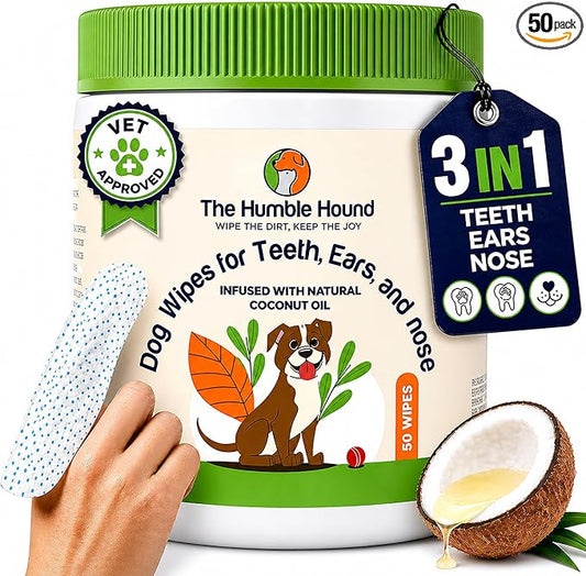 3-in-1 Dog Dental Wipes – Finger Wipes for Teeth, Ears & Snout Infused with Coconut Oil | Promotes Fresh Breath, Tartar Control & Daily Hygiene | Gentle Grooming Wipes for All Dogs – 50 Count
