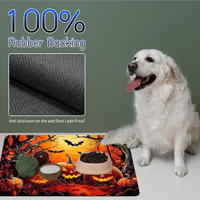 Dog Food Mat, 15.7" x 23.6" Absorbent Pet Feeding Mat for Food and Water, Waterproof Diatom Mud Pet Placemat with Non-Slip Rubber Backing, Easy Clean Cat Bowl Mat for Floors - Pumpkin Forest
