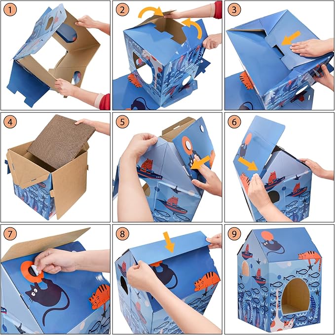 Lawei 2 Pack Cardboard Cat Houses with Scratch Pads, Sturdy Cats Play Scratching House for Indoor Hideaway Furniture, Cute Scratching Box Toy for Cat Birthday, Bunny Small Pet Bed, Easy Assembly