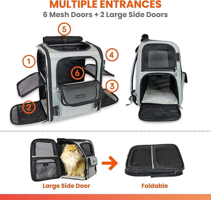 Crash-Tested Multi-Window Cat Backpack Carrier & Small Dog Car Seat | CPS Certified for Crash Protection & Safe Pet Travel | 4 Windows for Exploring, 4-Side Breathable, Zipper Lock, Foldable