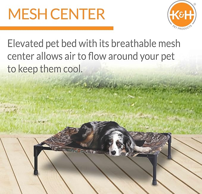 K&H Outdoor Elevated Dog Bed - Cooling Raised Dog Bed for Small & Medium Pets, Breathable Mesh Center Hammock Design, Indoor/Outdoor Washable Cover, Portable Metal Frame, Camo, Medium 32x25in