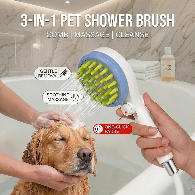 Dog Shower Sprayer Kit with Natural Odor-Eliminating Crystals, Pet Bathing Tool with Massage Brush, Easy ON/OFF Switch, 8.2ft Flexible Silicone Hose, Brass Diverter, Lick Mat & Clog-Free Drain