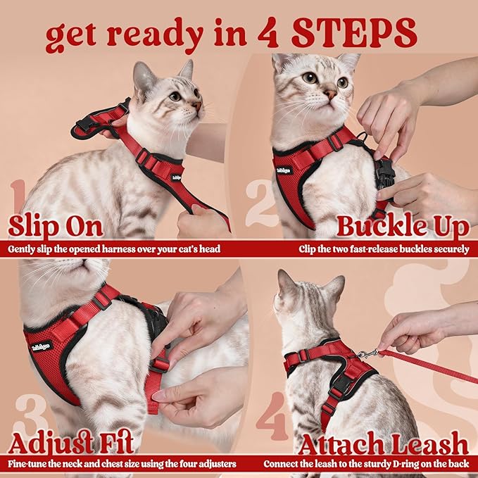 rabbitgoo Cat Harness and Leash Set, Escape Proof Vest Harness for Safe Outdoor Walks, Soft Breathable Adjustable Vest with Reflective Strips for Average to Large Cats, Red, M