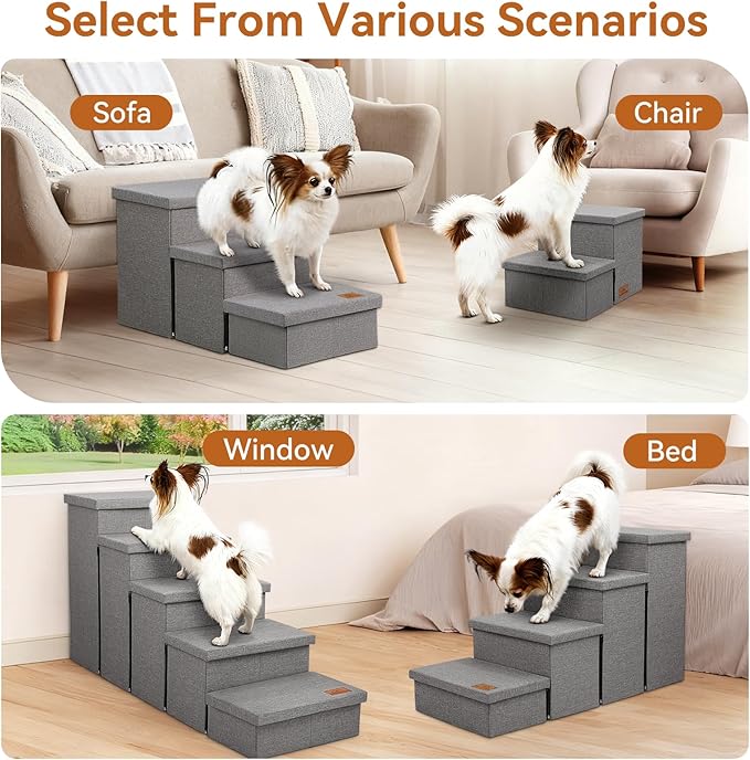 Zerbuger Dog Stairs 23" H, 4-Step Wider Dog Steps for High Beds Window, Folding Storage Pet Stairs Gift for Small/Medium/Large Old Dogs Cats, Ramp for Climbing Car Up to 200 lbs (Gray, with Condo)