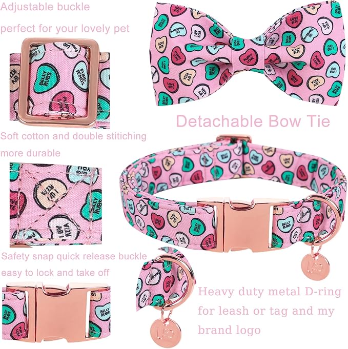 Valentine Dog Collar with Bow Tie, Pink Cotton Collar with Metal Buckle, XS, Neck 8-12in