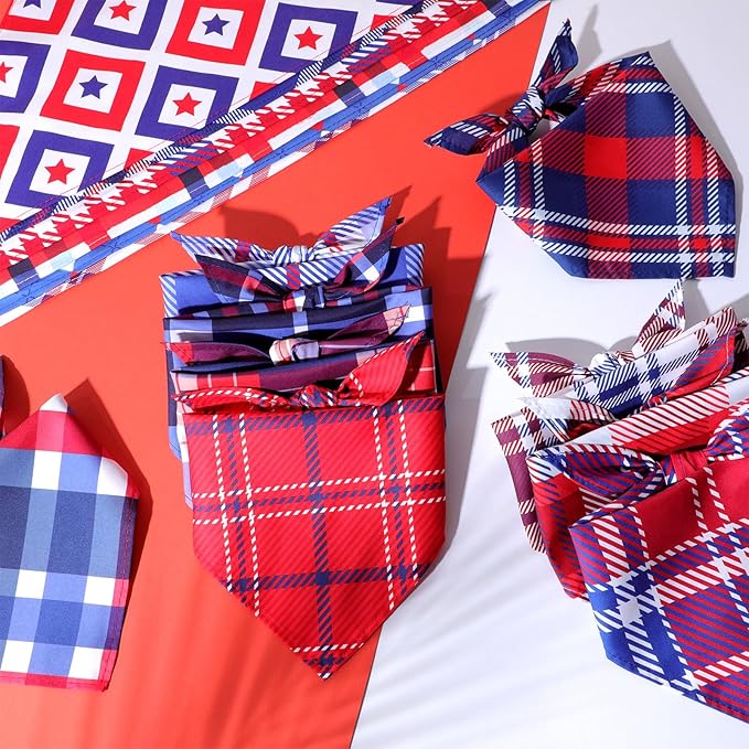 Geyoga 60 Pcs 4th of July Patriotic Dog Bandanas Bulk Plaid Dog Bandanas Bulk Pet Grooming Supplies Patriotic Pet Triangle Scarf Bibs Adjustable Washable Kerchief for Dogs Cats Costume