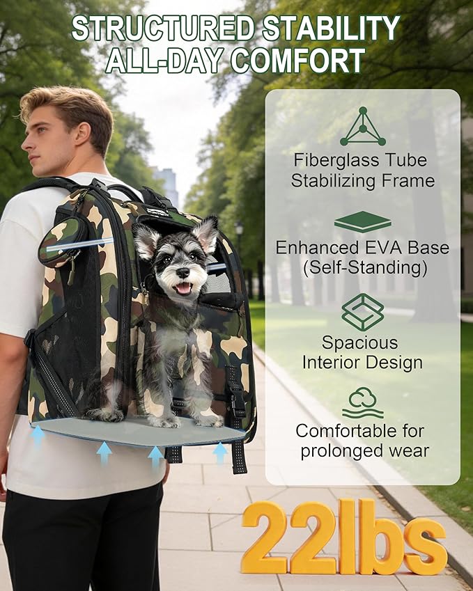 Dog Backpack Carrier with Ergonomic Support, Padded Straps and Ventilation, Hiking Pet Backpack with Safety Tethers, Reflective Trim and Waist Support, Up to 22lbs