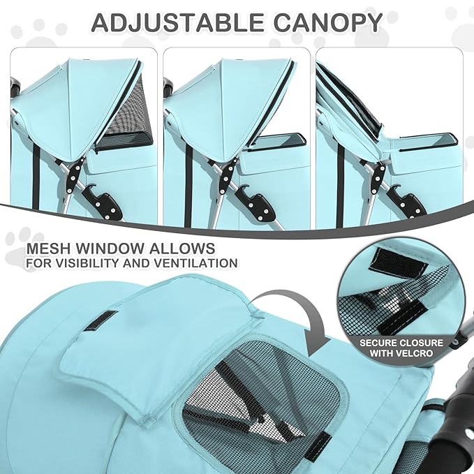 MoNiBloom 3 Wheels Pet Dog Cat Stroller for Small Medium Dogs Cats, Lightweight Foldable Jogger Stroller w/Storage Basket and Cup Holder, Mint Green